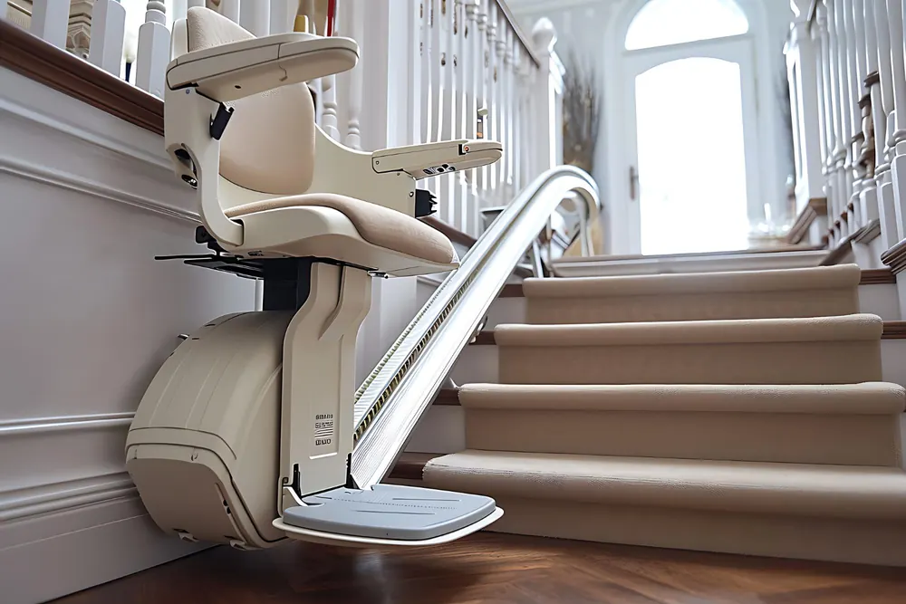 Siège monte-escalier installé sur un escalier domestique